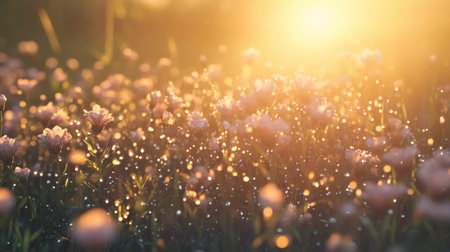 A dreamy scene capturing sunlight filtering through a field of blooming flowers, glistening with morning dew, creating a tranquil and vibrant atmosphere.の素材