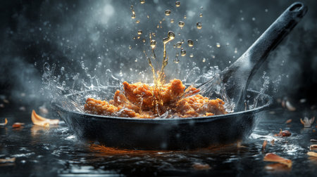 A vivid image capturing a crispy food splash as it fries in hot oil. Steam rises, enhancing the cooking atmosphere with a sense of delicious anticipation.の素材