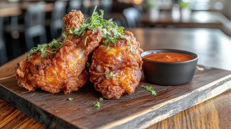 Enjoy a mouthwatering view of crispy fried chicken served with a tangy dipping sauce, garnished with fresh herbs on a rustic wooden platter. Perfect for any meal!の素材