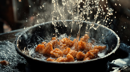 A dynamic scene of crispy fried food splashing in hot oil captures the essence of cooking. This image showcases the delicious textures and aromas associated with frying, perfect for culinary themed projects.の素材