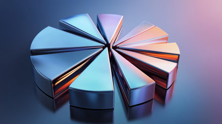 A modern metallic slice arrangement reflecting vibrant colors. This artistic piece showcases geometry and symmetry, ideal for creative projects or backgrounds.の素材