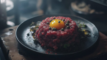 Indulge in a visually stunning beef tartare topped with a vivid egg yolk and capers. Perfect for gourmet dining or culinary presentations.の素材