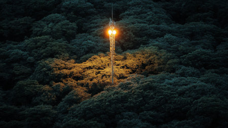 A glowing tower stands amidst a dense forest, blending technology with nature. The scene captures the enchanting contrast between bright illumination and lush greenery.の素材