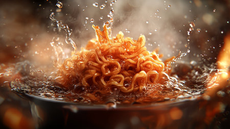 A captivating close-up of noodles splashing in hot water, creating a dynamic scene filled with steam and flavor, perfect for food-related themes.の素材