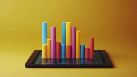 A vibrant 3D bar graph displayed on a tablet against a bright yellow background, illustrating data analysis and modern business growth concepts.の素材