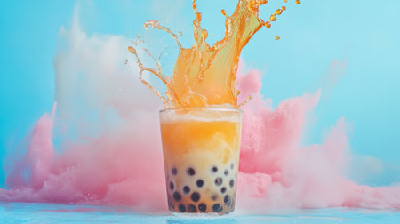 A vibrant splash of a colorful beverage with tapioca pearls creates an eye-catching scene. The refreshing drink showcases liquid motion against a soft blue and pink background, ideal for summer promotions.の素材