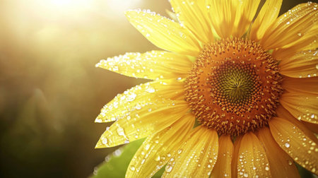 A close-up of a bright sunflower adorned with water droplets, illuminated by gentle sunlight. This image captures the essence of summer and natural beauty.の素材