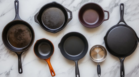 A collection of cast iron cookware arranged on a marble surface. The set includes various sizes of skillets and pots, showcasing robust designs and textures ideal for cooking.の素材