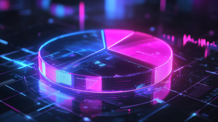 Bright neon pie chart visualization set in a digital environment, ideal for technology and business themes, showcasing data analysis and modern design.の素材