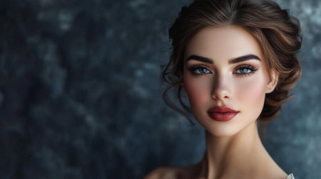 This elegant portrait captures a stunning woman with mesmerizing features. The captivating gaze and flawless makeup highlight beauty and artistry in photography.の素材