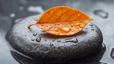 A vibrant orange leaf rests on a smooth black stone, adorned with delicate water droplets, creating a peaceful and tranquil atmosphere perfect for relaxation and mindfulness.の素材