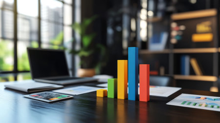 A vibrant bar graph displayed on a sleek desk represents data analysis in a modern office setting. Ideal for business and technology themes.の素材