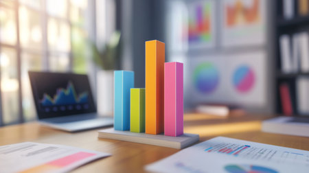 A vibrant bar graph stands on a desk, surrounded by a laptop and documents, symbolizing data analysis and business growth in a modern office environment.の素材