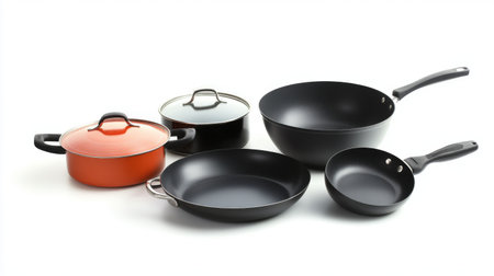 A collection of various cooking pots and pans, including nonstick and enamel options, ideal for any kitchen setup, suitable for diverse cooking needs.の素材