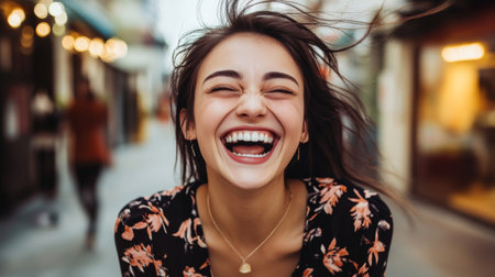 A joyful woman laughing heartily in a vibrant urban street. Her bright smile and carefree spirit capture the essence of happiness and spontaneity.の素材