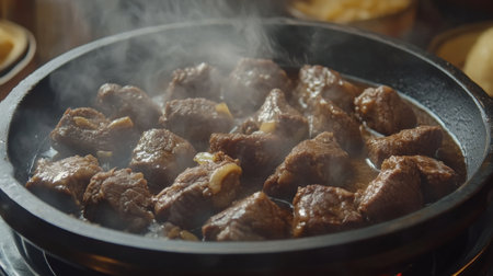 A closeup of sizzling beef pieces in a hot stone pot, emitting steam and rich aromas. Perfect for showcasing delicious cooking techniques and gourmet meals.の素材