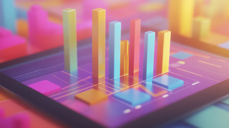 Vibrant data visualization featuring colorful bars on a digital tablet screen. Ideal for illustrating trends, analytics, and modern technology themes.の素材