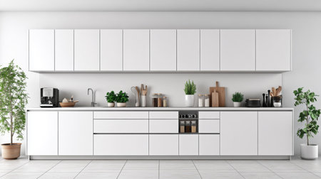 A sleek, modern kitchen featuring a minimalist design with clean lines, ample storage, and decorative plants, ideal for contemporary home settings.の素材