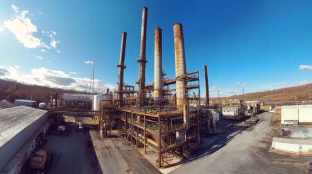 A panoramic view of an industrial site featuring tall smokestacks against a clear blue sky, highlighting the complex machinery and infrastructure.の素材