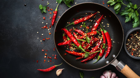 A vibrant display of fresh red chilies frying in a pan, garnished with herbs and spices, perfect for showcasing spicy culinary creations.の素材