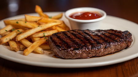 Juicy grilled steak served alongside crispy french fries and a small bowl of ketchup. Perfect for a satisfying meal at a restaurant or home.の素材