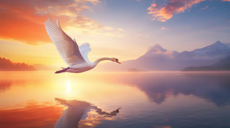 A graceful swan glides over a tranquil lake at sunset, creating a stunning reflection on the water. The vibrant colors of the sky enhance the serene atmosphere.の素材