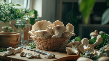 A charming display of fresh mushrooms in a woven basket, surrounded by a peaceful kitchen atmosphere with vibrant greenery. Perfect for culinary themes.の素材