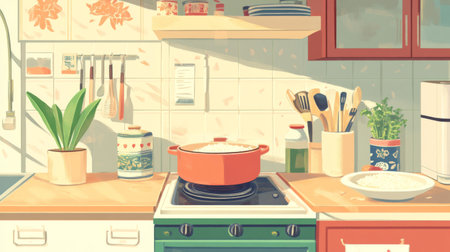 A warm and inviting kitchen scene featuring a vibrant cooking pot on the stove, surrounded by fresh ingredients and colorful decor, perfect for culinary inspiration.の素材