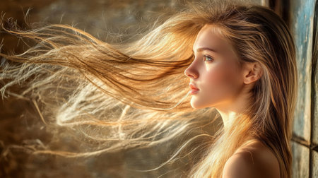 A captivating portrait of a young woman with flowing hair illuminated by soft light, creating an ethereal and serene atmosphere. Ideal for beauty and nature themes.の素材
