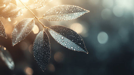 A close-up view of dew-covered leaves illuminated by soft morning light, showcasing their intricate textures and vibrant colors, perfect for nature projects.の素材