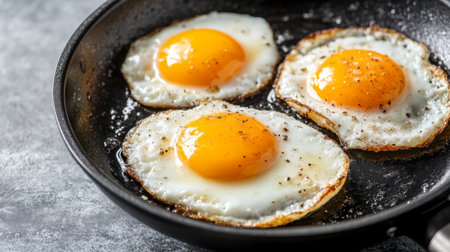 Three perfectly fried eggs in a nonstick pan, showcasing bright yellow yolks and crispy edges. Ideal for breakfast lovers and culinary enthusiasts.の素材