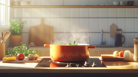 A cozy kitchen scene featuring a steaming pot filled with fresh vegetables. Sunlight filters through the window, enhancing the inviting atmosphere of home cooking.の素材