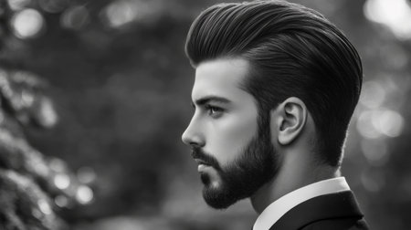 A striking black and white portrait of a stylish man showcasing a sleek hairstyle and well-groomed beard, exuding confidence and elegance.の素材