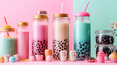 A charming display of colorful boba drinks in various jars, accompanied by sweet treats that create a delightful and inviting atmosphere. Perfect for summer!の素材