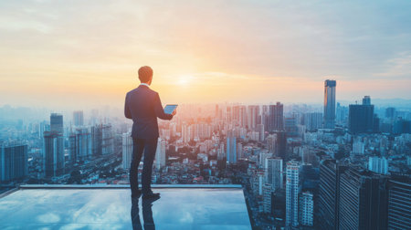 A businessman stands on a rooftop, overlooking a vibrant city skyline at sunset, contemplating future possibilities while using a tablet device.の素材
