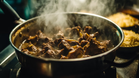 A mouthwatering meat dish simmering in a pan, releasing steam and rich aroma. Ideal for showcasing cooking, dinner preparation, and culinary warmth.の素材