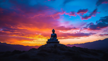 A serene Buddha statue sits peacefully atop a hill, illuminated by a vibrant sunset sky filled with dramatic colors, creating a tranquil and contemplative atmosphere.の素材