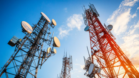 A stunning view of communication towers reaching towards a blue sky. The image captures the intricate design of antennas essential for wireless connectivity and broadcast services.の素材