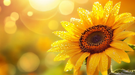 A stunning close-up of a sunflower glistening with dew in the warm morning light, showcasing vibrant colors and a serene atmosphere. Perfect for nature-themed projects.の素材