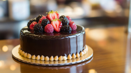 This exquisite chocolate cake features a glossy finish and is topped with an assortment of fresh berries. Perfect for parties or special occasions.の素材