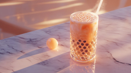 An aesthetically pleasing bubble tea glass resting on a marble countertop, illuminated by soft sunlight, creating a serene and refreshing vibe.の素材