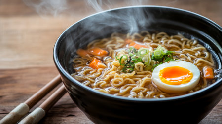 A steaming bowl of ramen featuring soft boiled egg and fresh vegetables. Perfect for a cozy meal, this dish showcases enticing flavors and textures.の素材