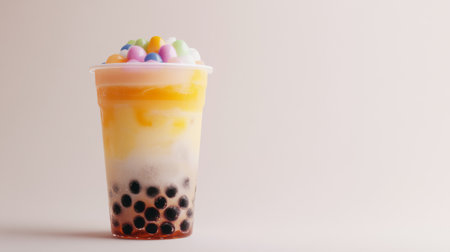 A vibrant cup of bubble tea showcasing layers of colorful flavors and tapioca pearls, perfect for summer refreshment and indulgent moments.の素材