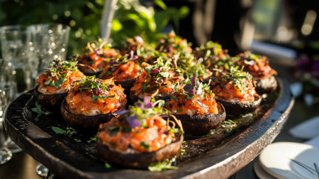 A stunning platter of savory stuffed mushrooms garnished with fresh herbs, perfect for a gourmet appetizer at any event or gathering.の素材