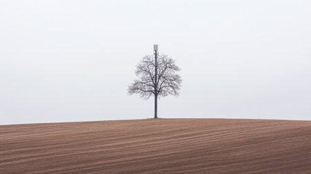 A solitary tree stands in an open field, merging nature and technology, creating a poignant contrast against a foggy backdrop. Ideal for minimalist themes.の素材