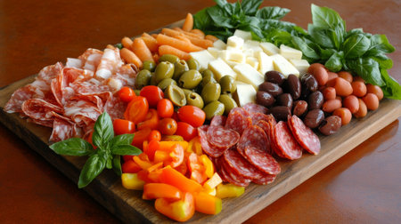 An inviting charcuterie board featuring fresh vegetables, assorted cheeses, meats, and vibrant herbs. Perfect for gatherings, picnics, or elegant dining.の素材