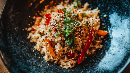 A vibrant rice bowl featuring fresh vegetables, herbs, and sesame. This healthy dish showcases colorful ingredients, perfect for a tasty meal or snack.の素材