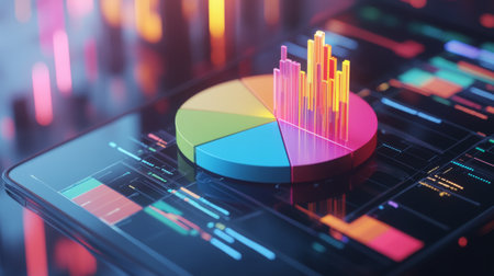 Colorful data visualization on a tablet showcasing a pie chart and bar graph, illustrating business analytics and trends in a modern digital workspace.の素材