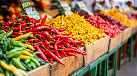 Colorful assortment of fresh chili peppers displayed at a marketplace, showcasing vibrant hues and their natural appeal. Ideal for food-related themes.の素材