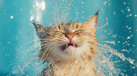 A joyful cat playfully reacts to water splashes, showcasing a happy expression and wet fur in a vibrant outdoor setting. Perfect for pet lovers.の素材
